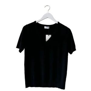 Paloma Black Merino Wool VNeck  Soft Luxury Short Sleeves Knit Top SZ MP #2050